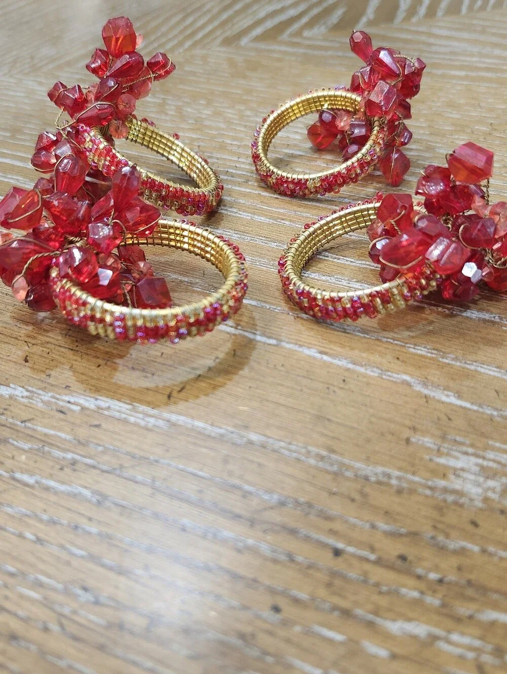 Vintage Pier 1 Napkin Rings Gold & Red Beaded Set of 4 - And 4 Red Napkins